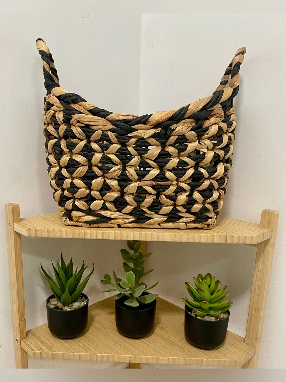 Woven Two-Tone Black and Natural Storage Basket